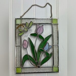 Stained Glass Window Tulip Dragonfly Panel Pink, Green Spring Floral As Is